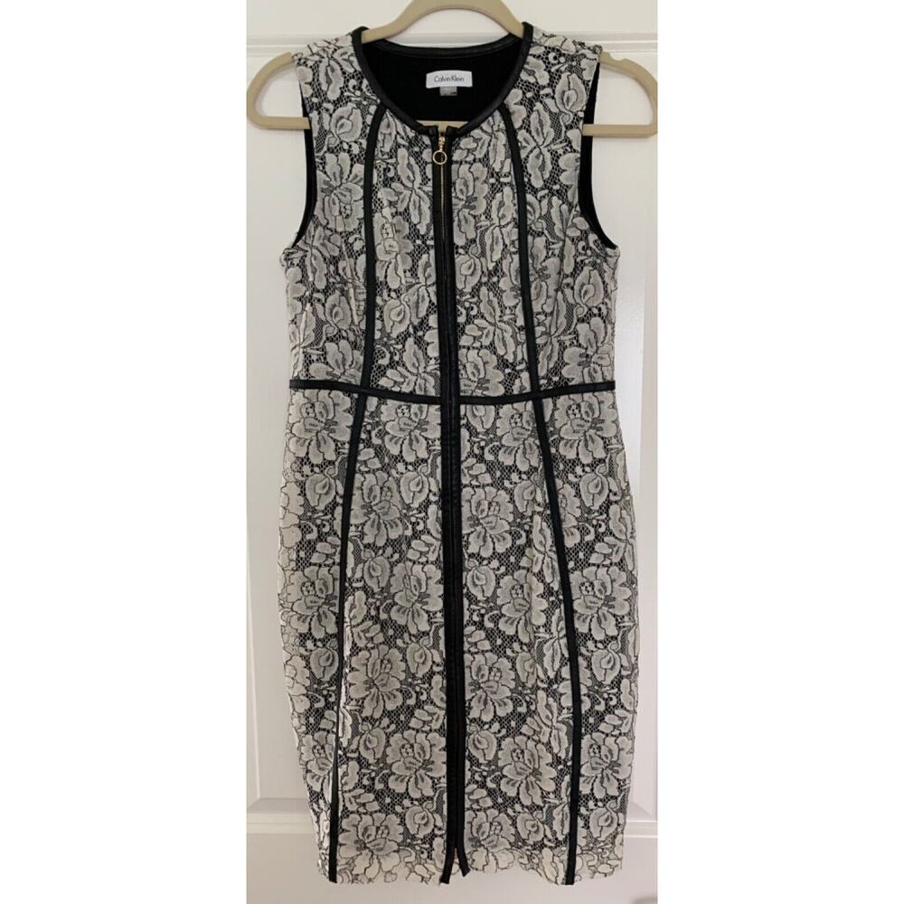 Calvin Klein Black and White Lace Zip-Front Sheath Dress